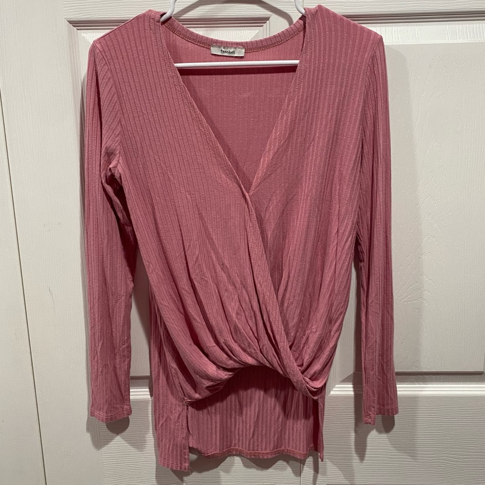 TEENBELL Women’s Long Sleeve Soft Pleated V-Neck Top Shirt - pink, size S